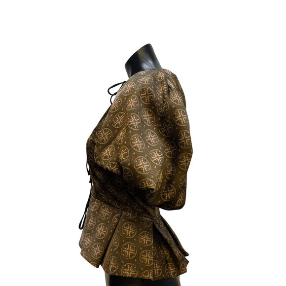 NWT Antonio Melani Brown Print Blouse With Puff Sleeves Size 0 - Picture 6 of 7